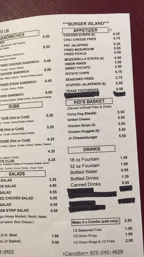 Burger Island - Carrollton, TX menu_pic