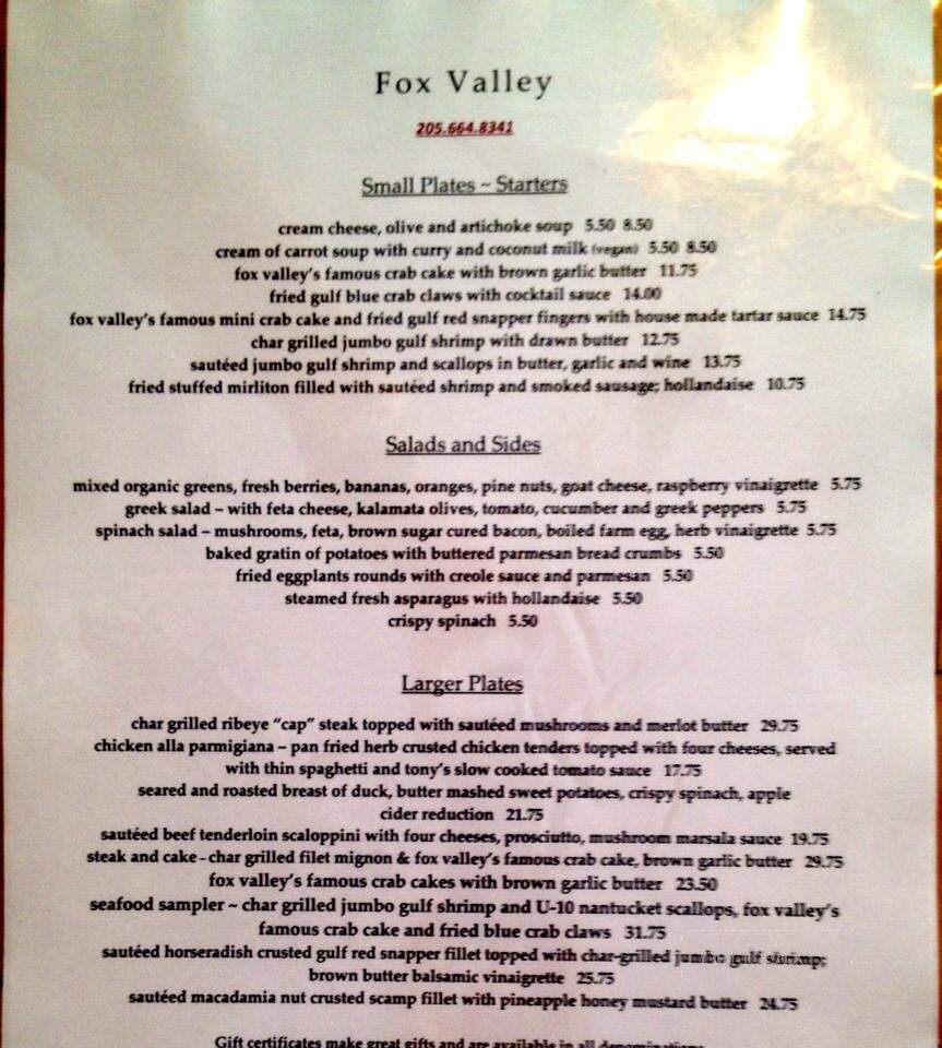 Fox Valley Restaurant - Maylene, AL menu_pic