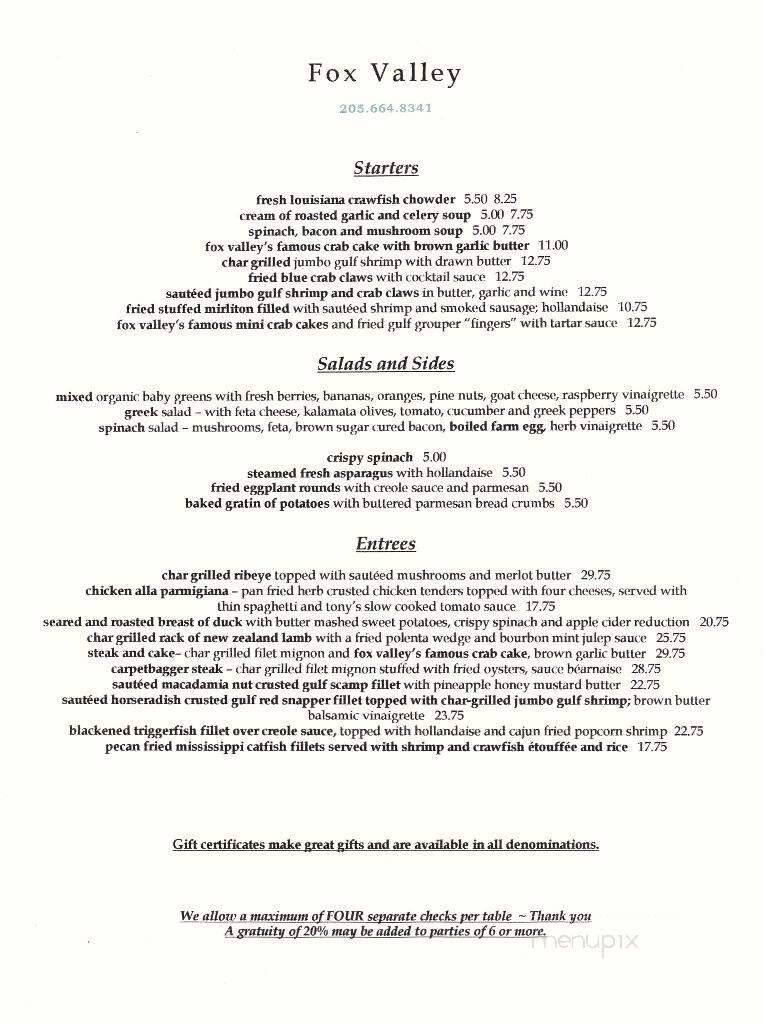 Fox Valley Restaurant - Maylene, AL menu_pic