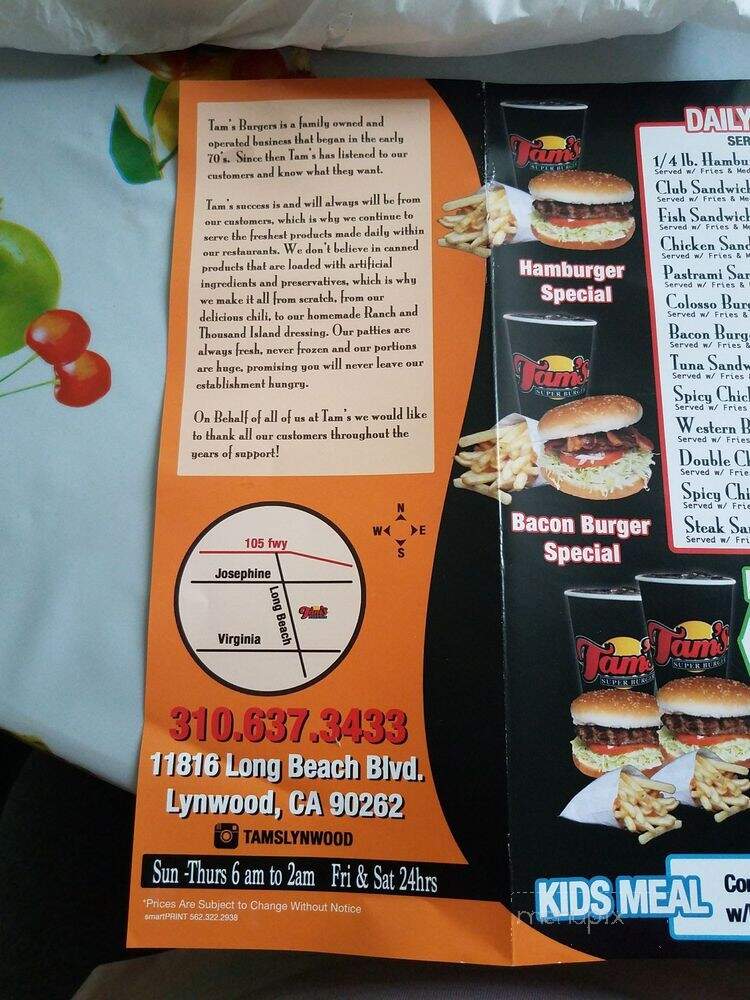 Tam's Burgers - Lynwood, CA menu_pic