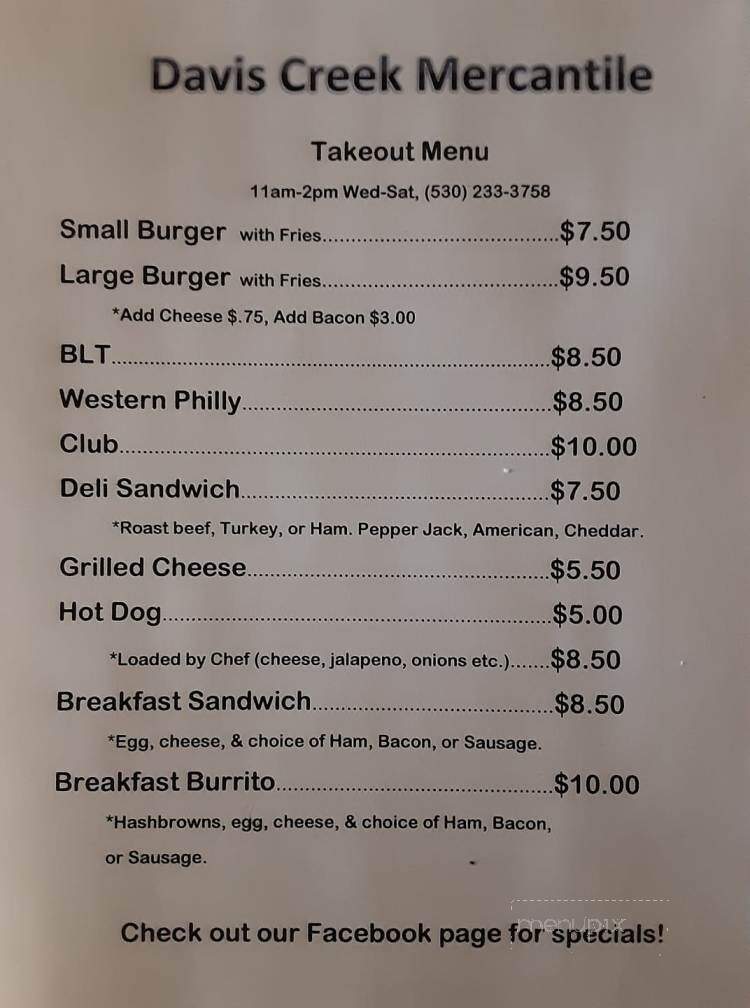 Davis Creek Mercantile - Davis Creek, CA menu_pic