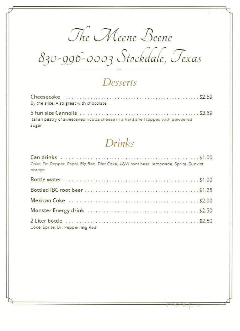 The Meene Beene - Stockdale, TX menu_pic