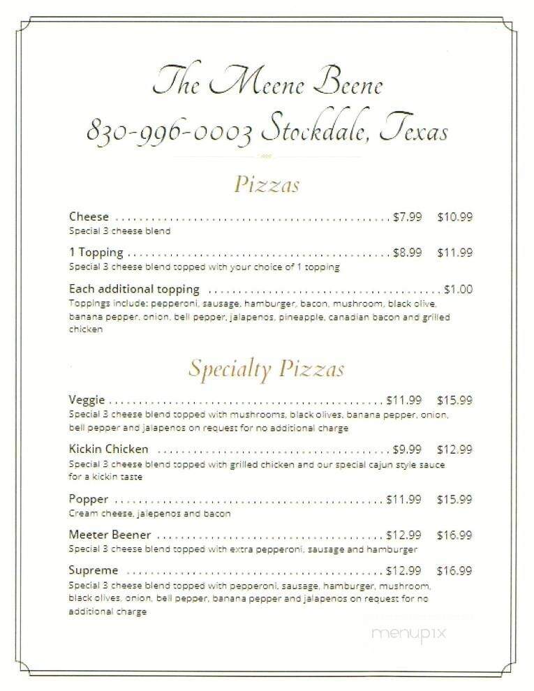 The Meene Beene - Stockdale, TX menu_pic