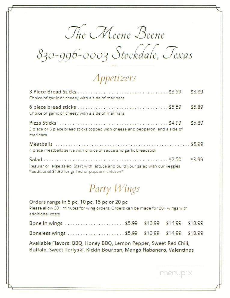 The Meene Beene - Stockdale, TX menu_pic