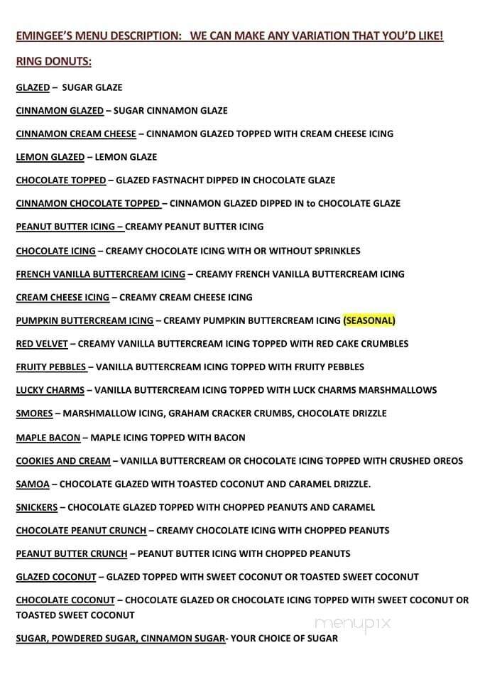 Emingee's Fastnachts - New Oxford, PA menu_pic