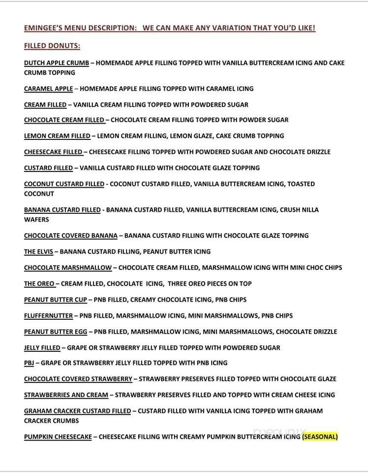 Emingee's Fastnachts - New Oxford, PA menu_pic