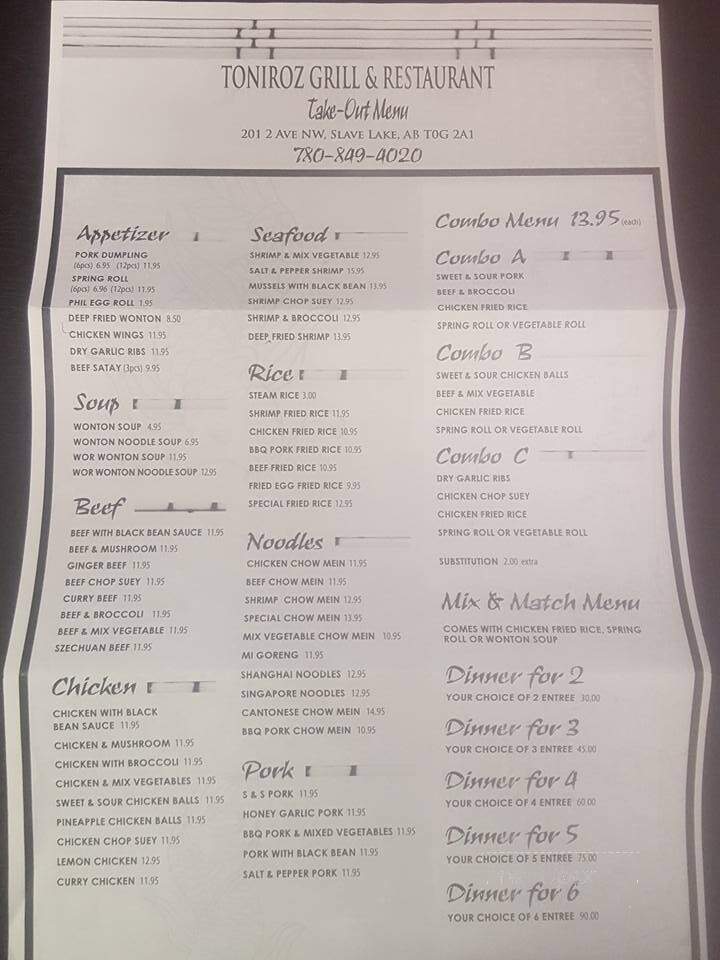 Toniroz Grill & Restaurant - Slave Lake, AB menu_pic