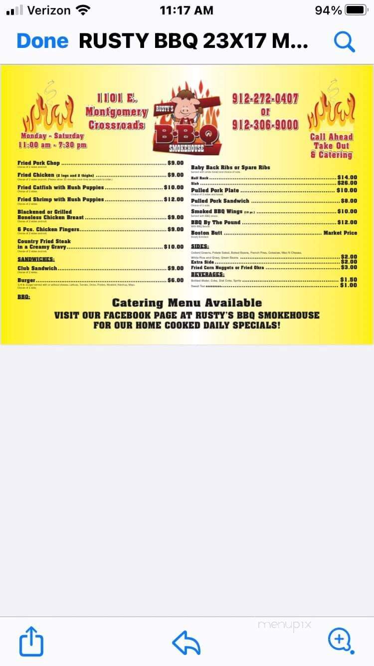Rusty's BBQ Smokehouse - Savannah, GA menu_pic