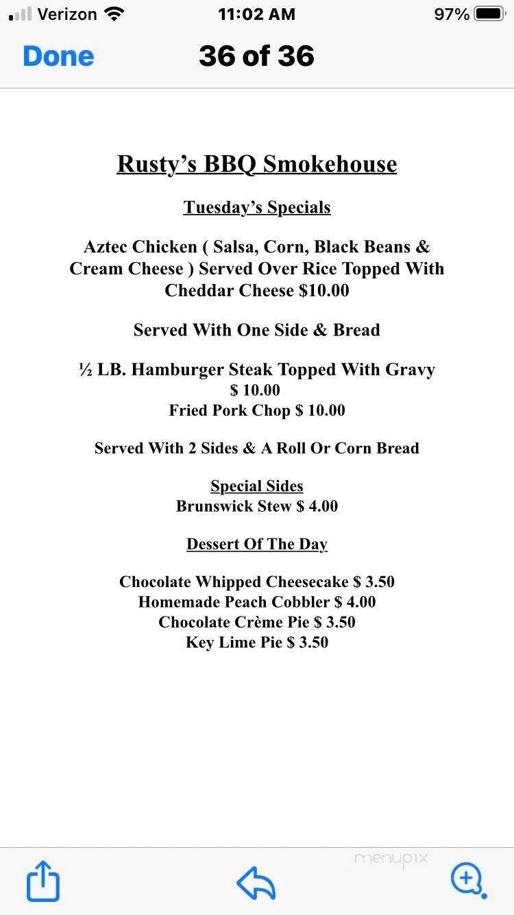 Rusty's BBQ Smokehouse - Savannah, GA menu_pic
