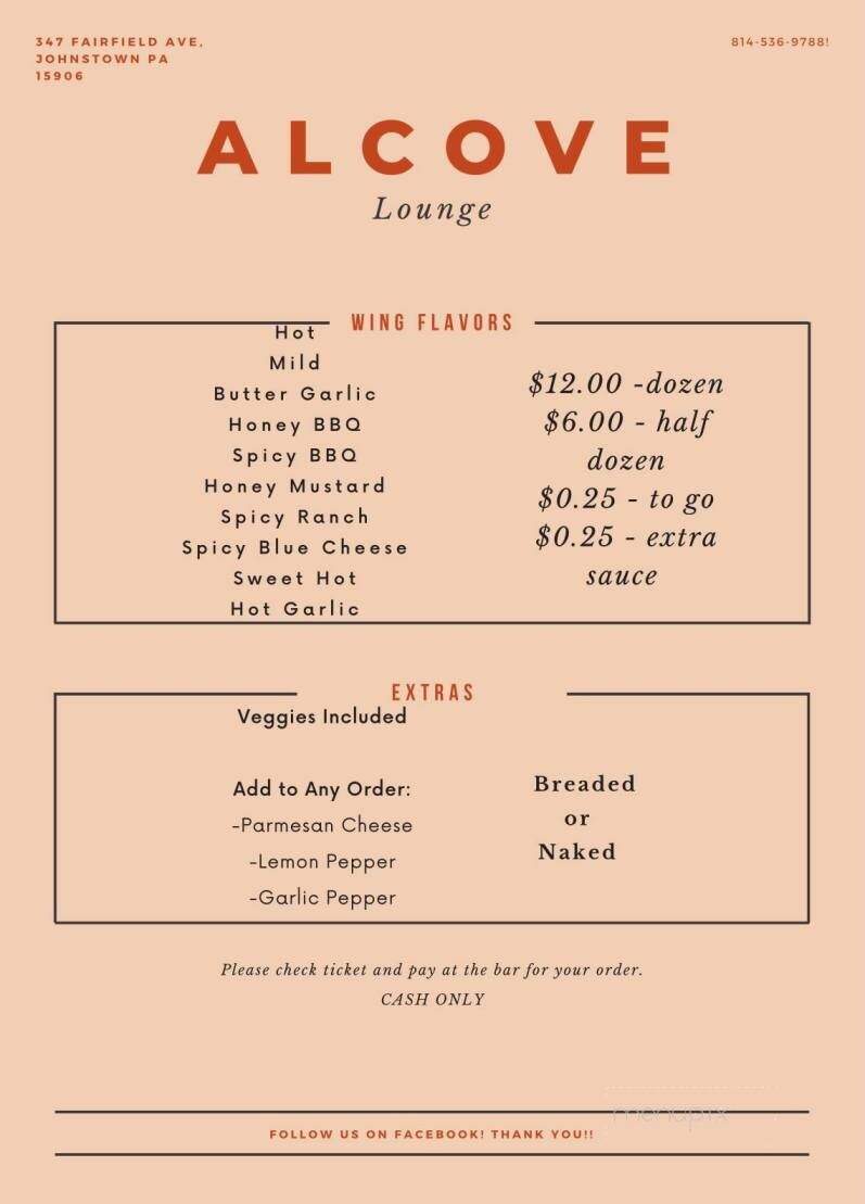 Alcove Lounge - Johnstown, PA menu_pic
