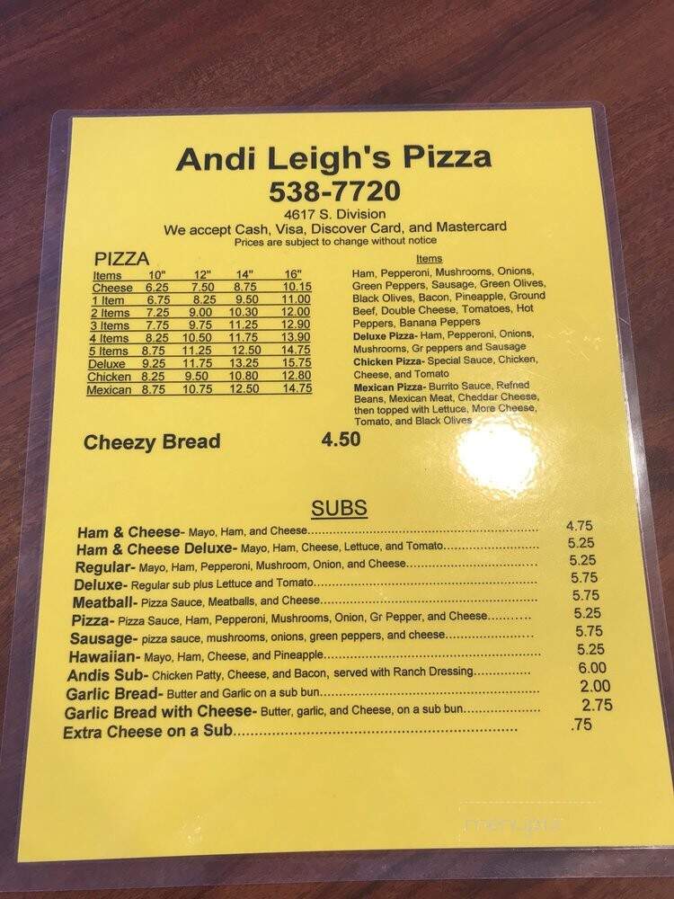Andi Leigh's Pizza - Grand Rapids, MI menu_pic