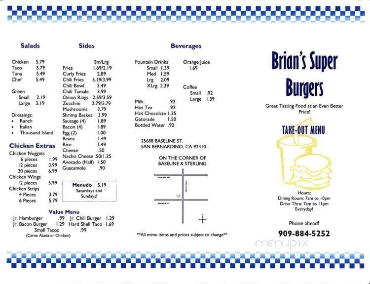 Brian's Super Burger - San Bernardino, CA menu_pic