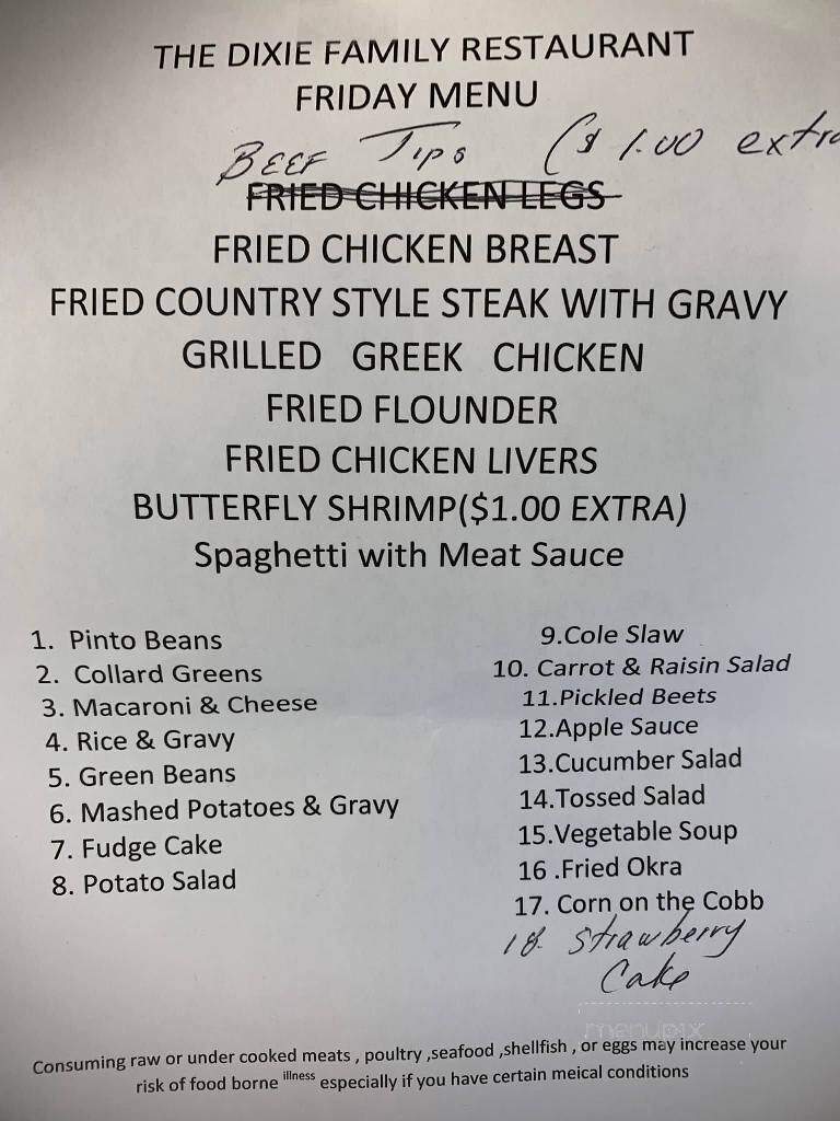 Dixie Family Restaurant - Greenville, SC menu_pic