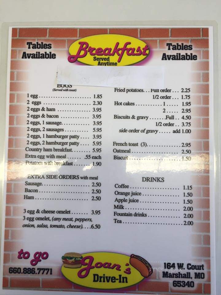 Joan's Drive-In - Marshall, MO menu_pic