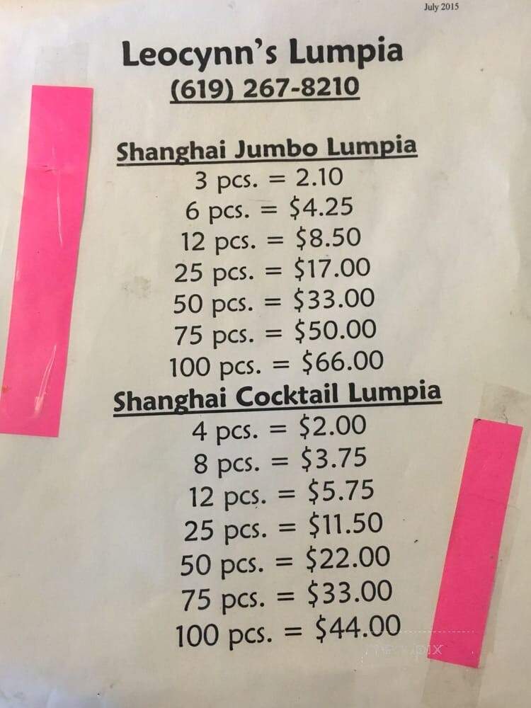Leocynn's Lumpia - Spring Valley, CA menu_pic