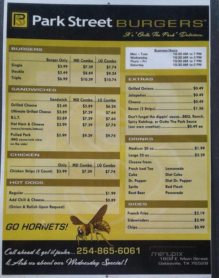 Park Street Burger's - Gatesville, TX menu_pic