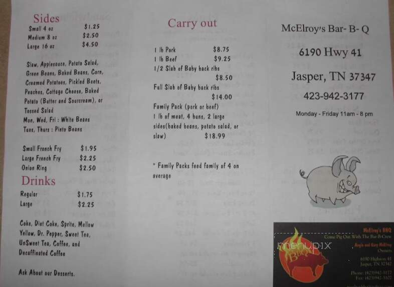 McElroy's Bar-B-Q - Jasper, TN menu_pic