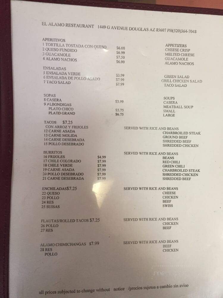 El Alamo Restaurant - Douglas, AZ menu_pic