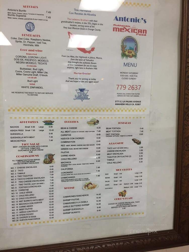 Antonios Mexican Food - Anaheim, CA menu_pic