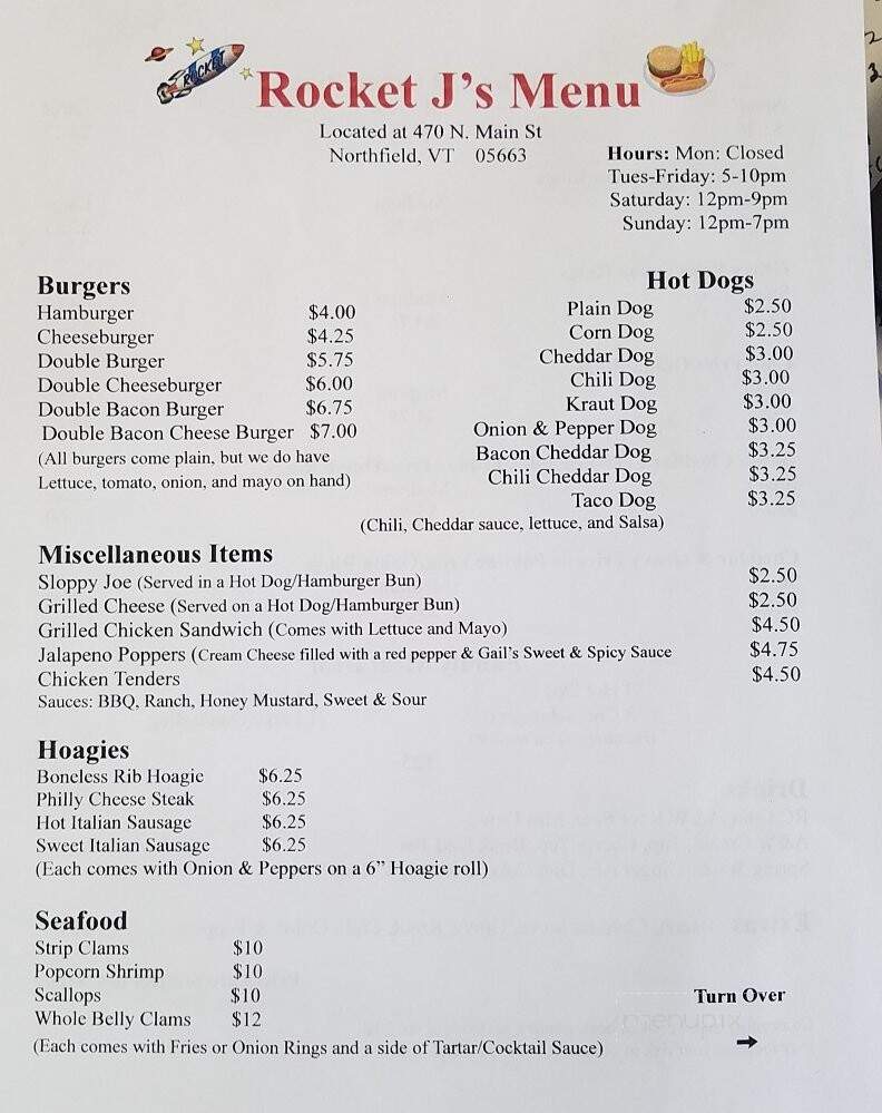 Rocket J's Snack Bar - Northfield, VT menu_pic