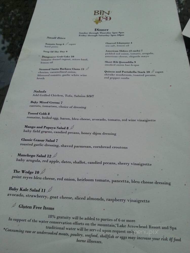 Bin 189 - Lake Arrowhead, CA menu_pic