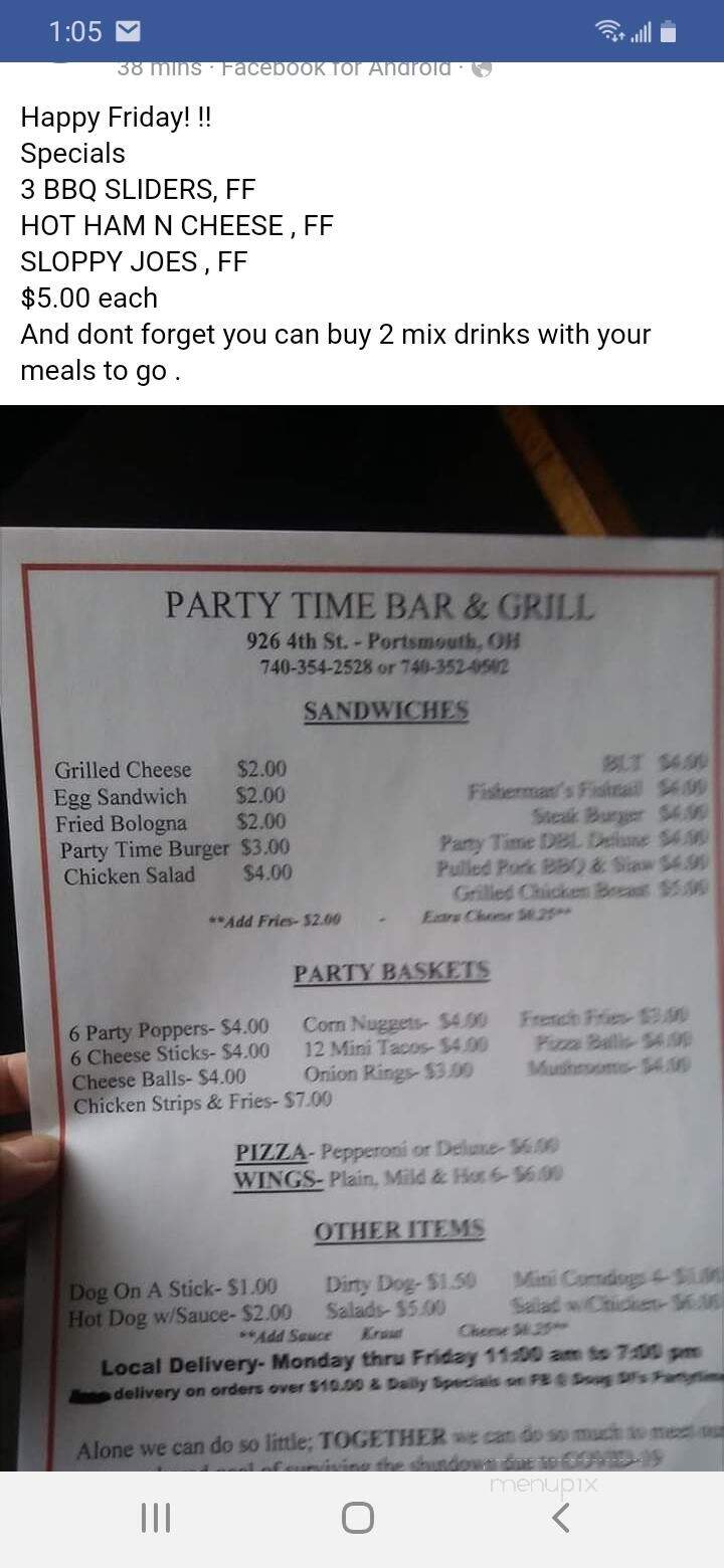 Partytime Pub - Portsmouth, OH menu_pic