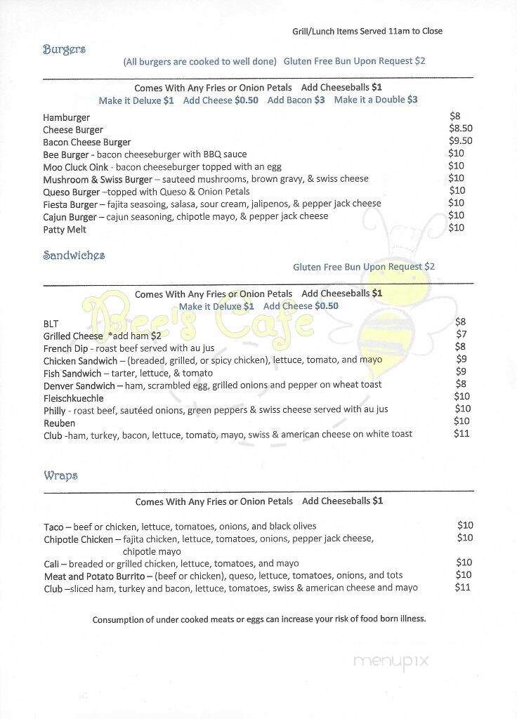 Bee's Cafe - Hazen, ND menu_pic