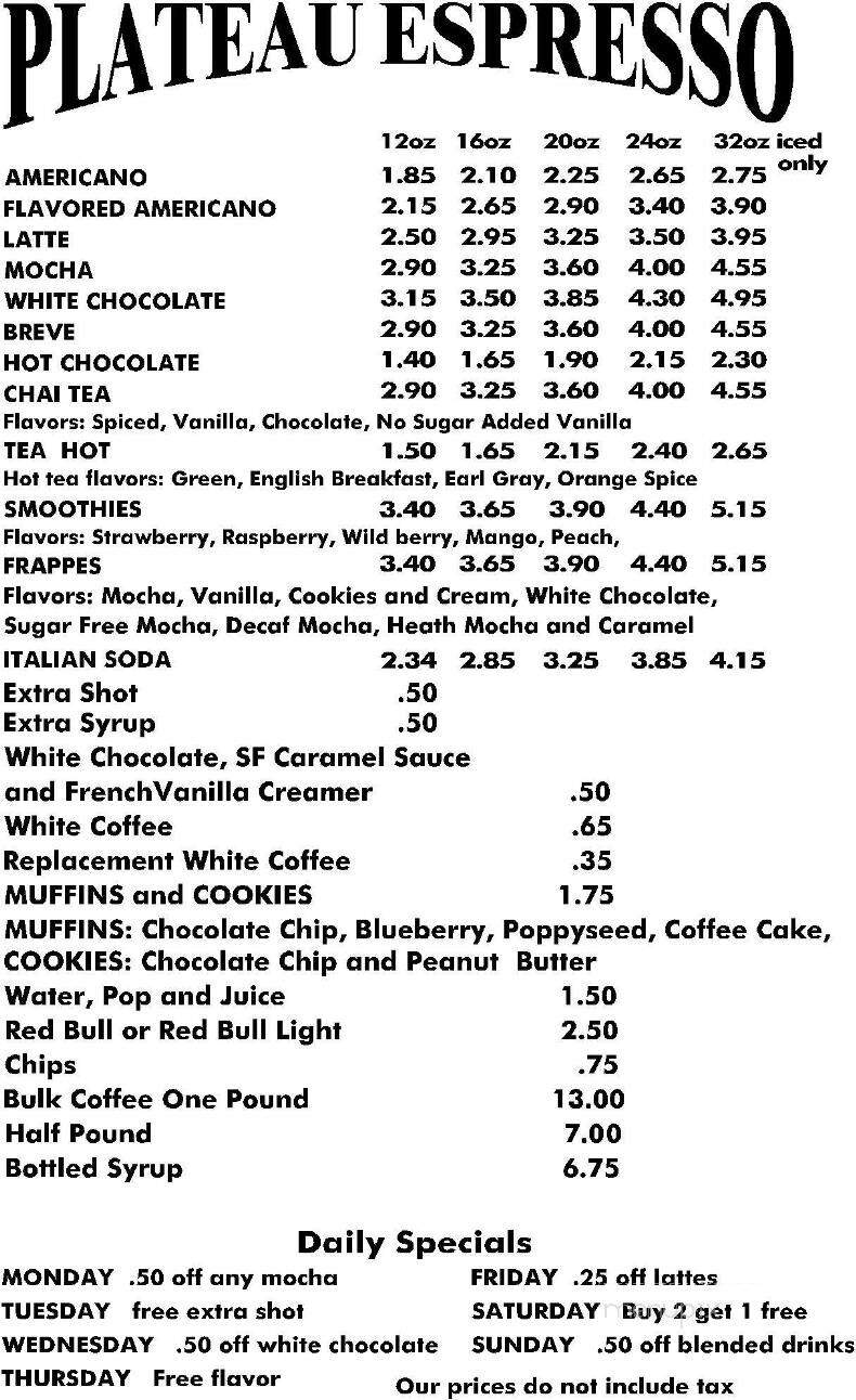 Plateau Espresso - Buckley, WA menu_pic