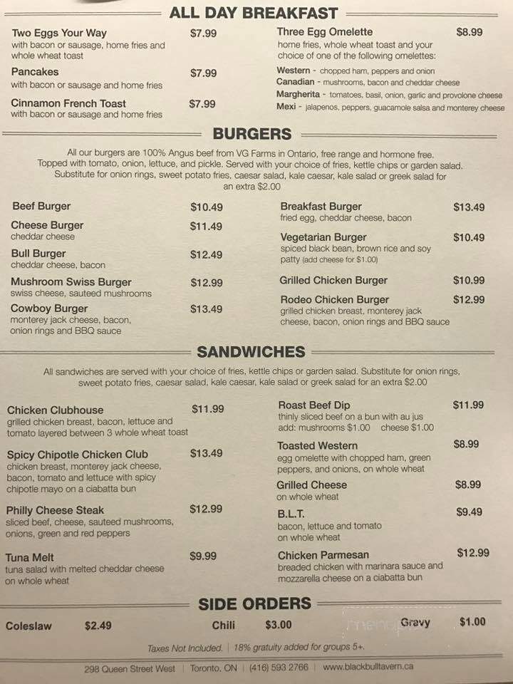 The Black Bull - Toronto, ON menu_pic