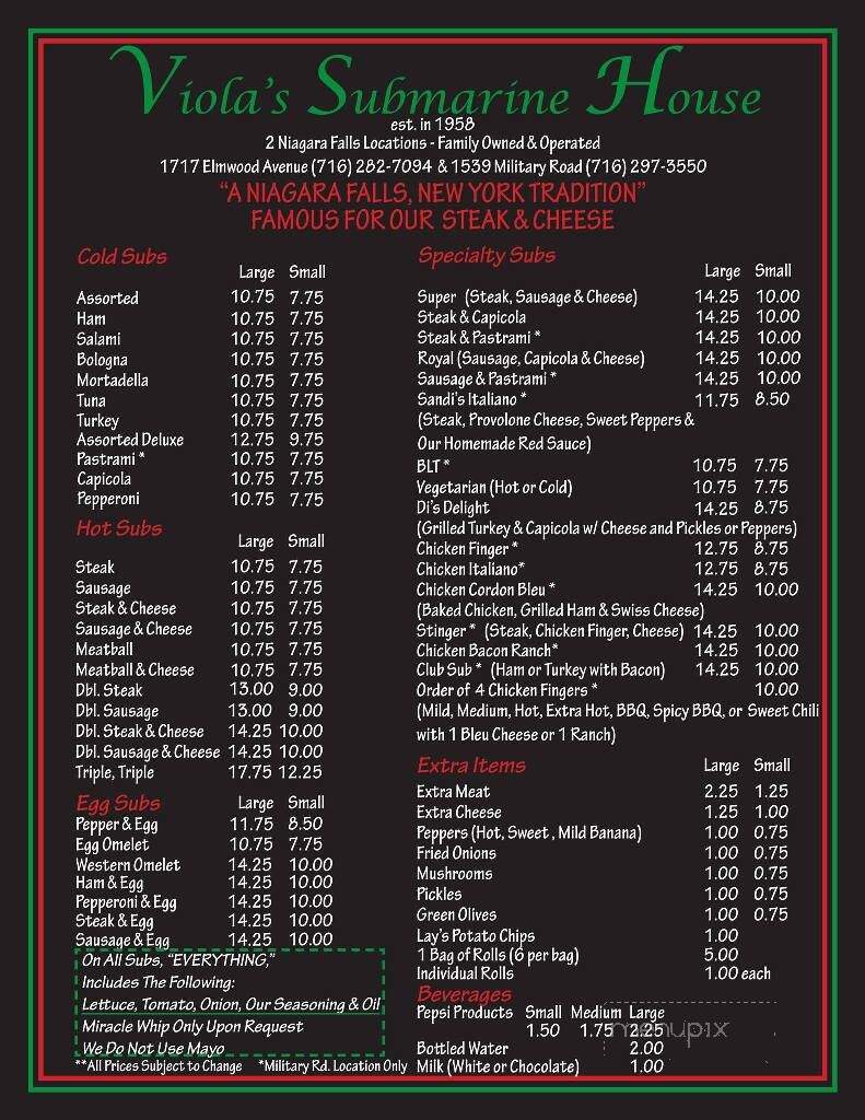 Viola's Submarine House - Niagara Falls, NY menu_pic