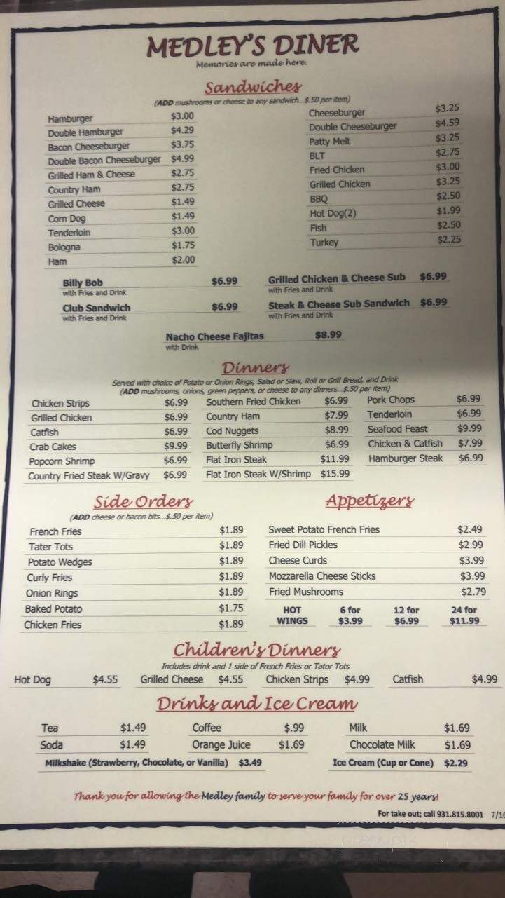 Medley's Classic Diner - McMinnville, TN menu_pic