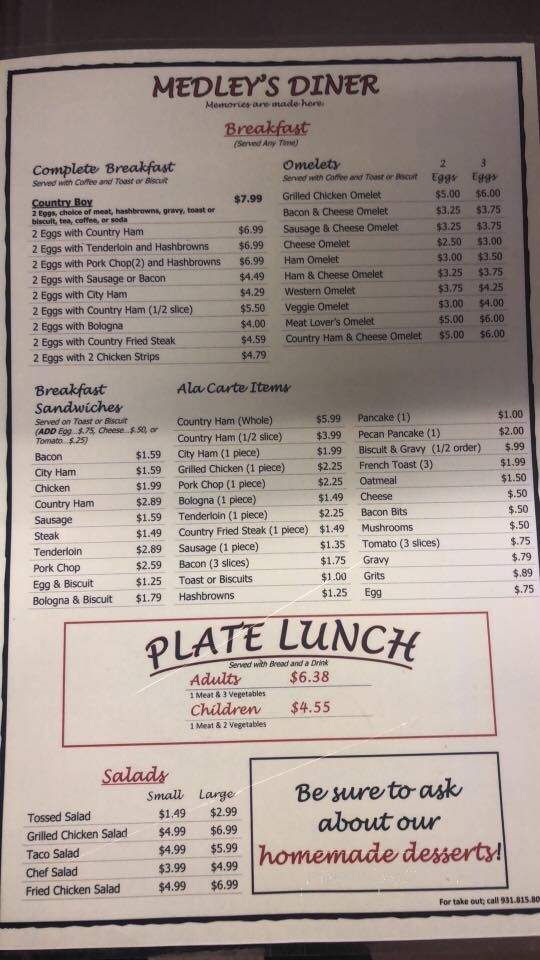 Medley's Classic Diner - McMinnville, TN menu_pic