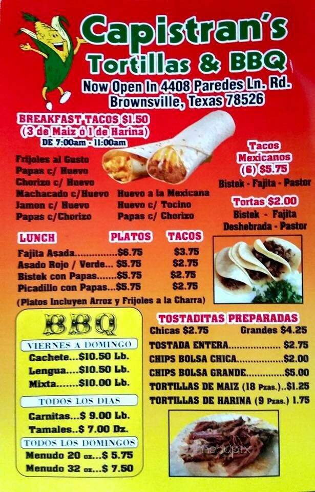 Capistran Tortillas & Bar-B-Q - Brownsville, TX menu_pic