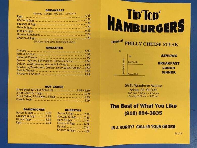 Tip Top Hamburger - Arleta, CA menu_pic