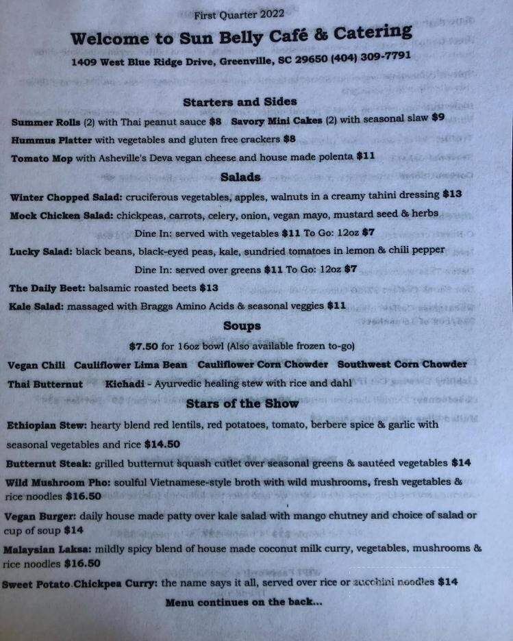 Sun Belly Cafe - Greenville, SC menu_pic