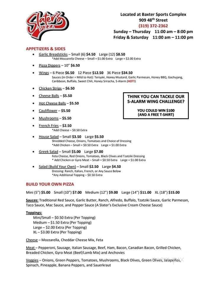 Slater's - Fort Madison, IA menu_pic