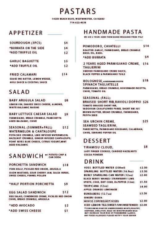 Pastars - Westminster, CA menu_pic