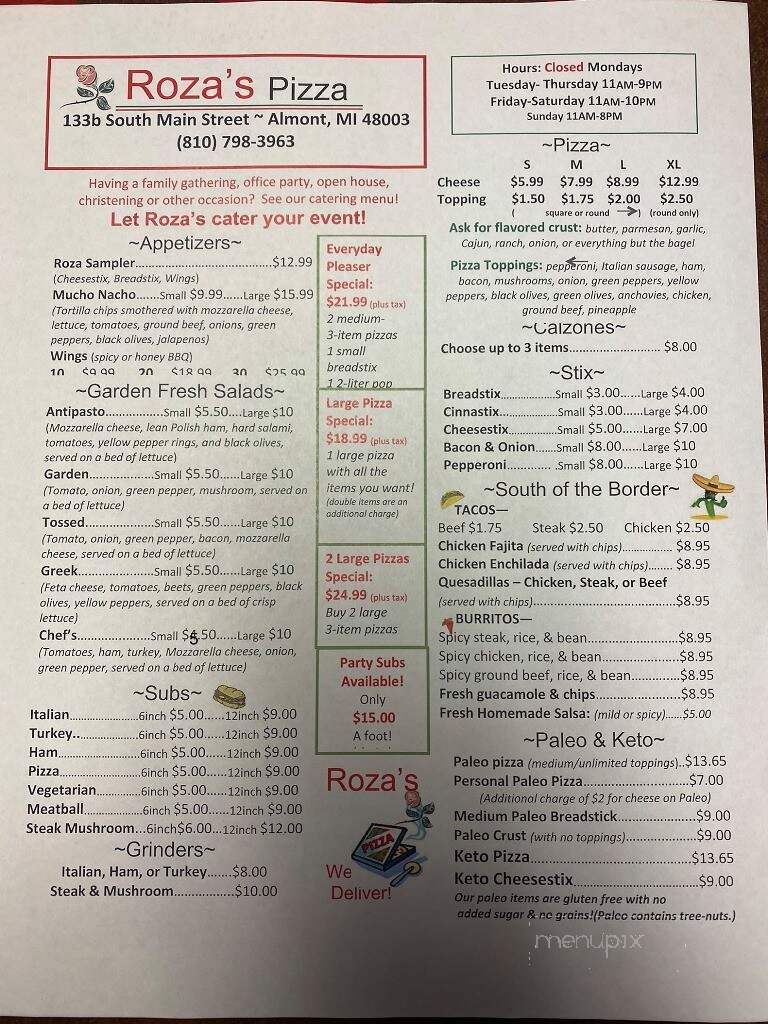 Roza's Pizza - Romeo, MI menu_pic