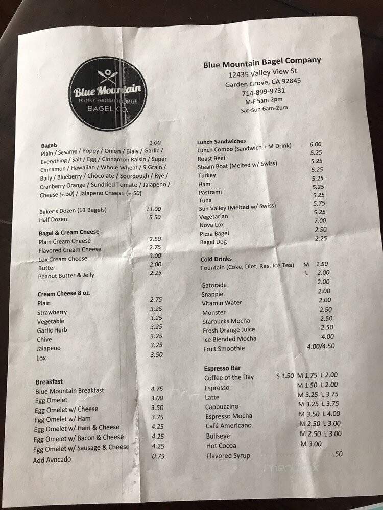 Blue Mountain Bagel - Garden Grove, CA menu_pic