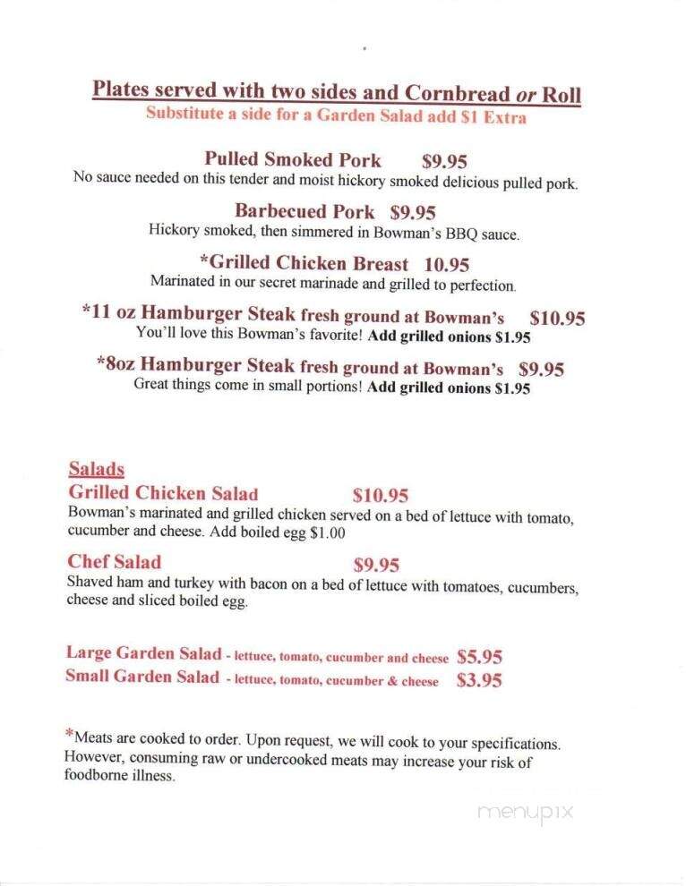 Bowman's Restaurant - Resaca, GA menu_pic