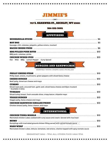Jimmies Place - Beckley, WV menu_pic