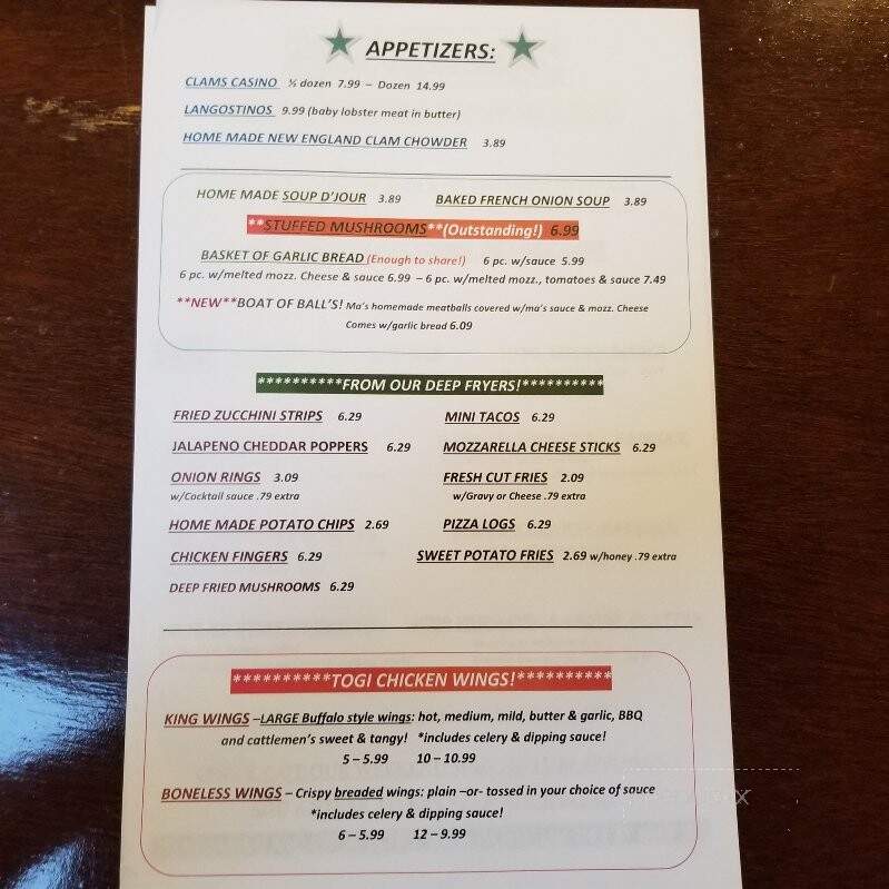 Togi's Family Restaurant - Bradford, PA menu_pic