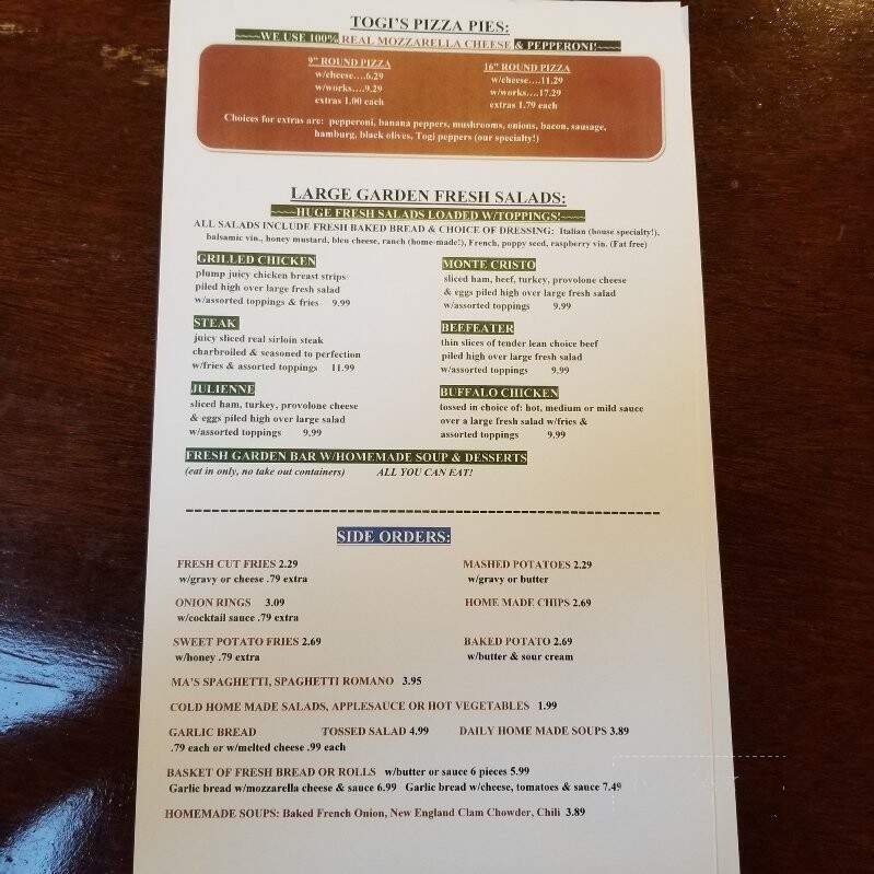 Togi's Family Restaurant - Bradford, PA menu_pic