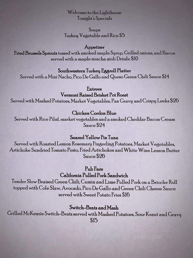 The Lighthouse Restaurant and Lounge - Colchester, VT menu_pic