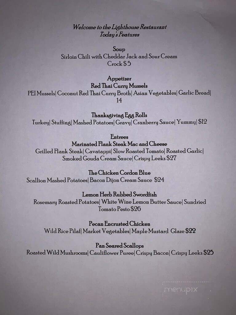 The Lighthouse Restaurant and Lounge - Colchester, VT menu_pic