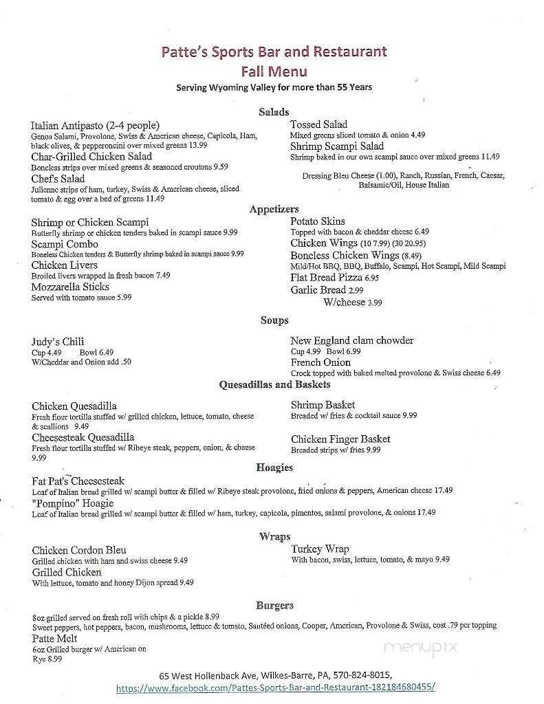Patte's Sports Bar & Restaurant - Wilkes Barre, PA menu_pic