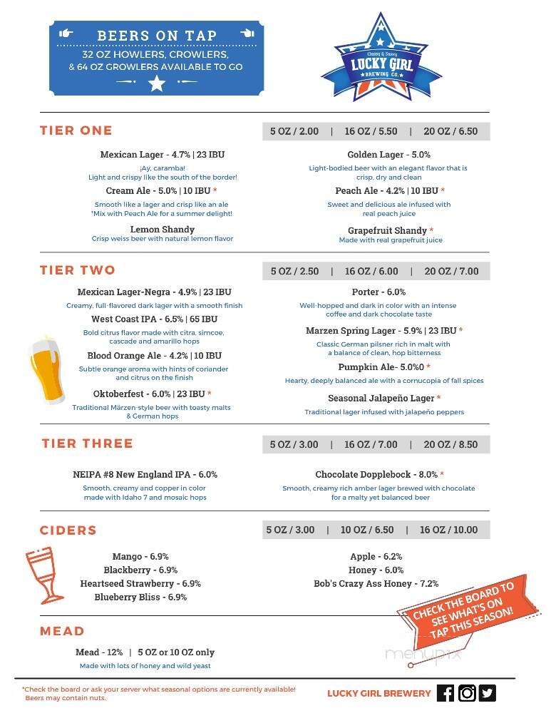 Lucky Girl Brewing Crossroads - Paw Paw, MI menu_pic