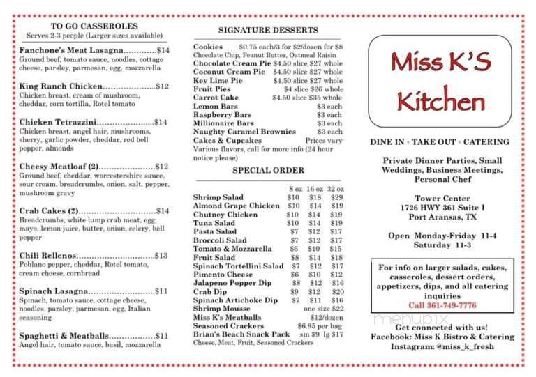 Miss K's Bistro and Catering - Port Aransas, TX menu_pic