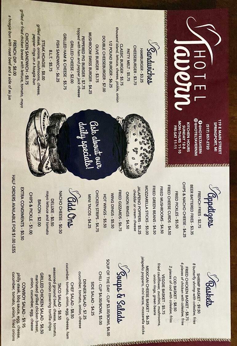 Springport Hotel Tavern - Springport, MI menu_pic