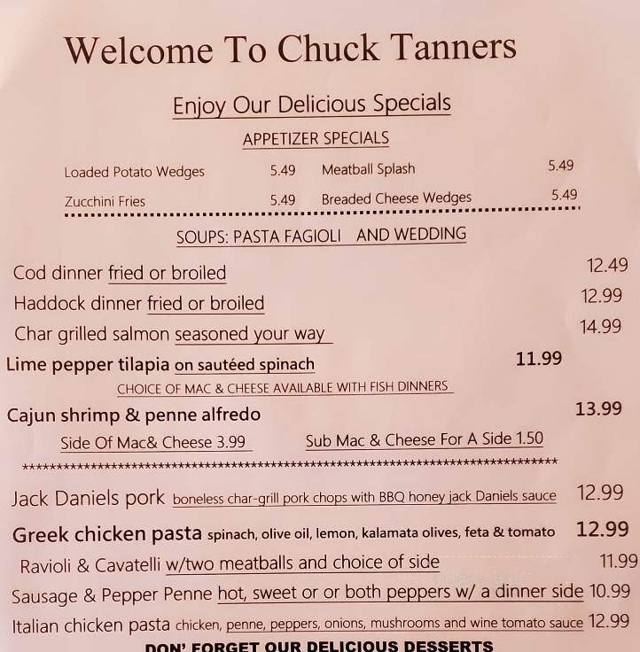 Chuck Tanner's Restaurant - New Castle, PA menu_pic
